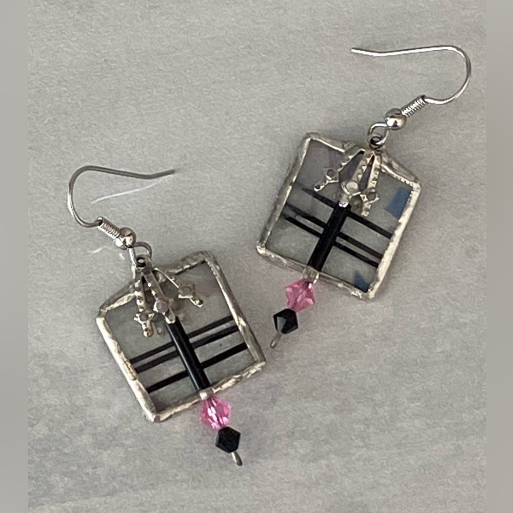 Unique Handcrafted Stained Glass Earrings with Black and Pink Accents